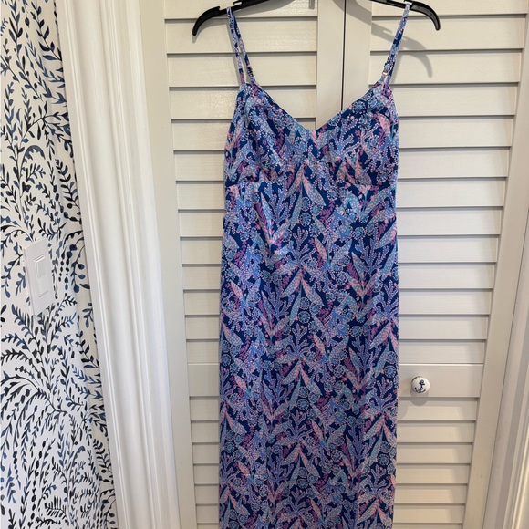 Blue and Pink Patterned Midi Dress - Picture 1 of 8